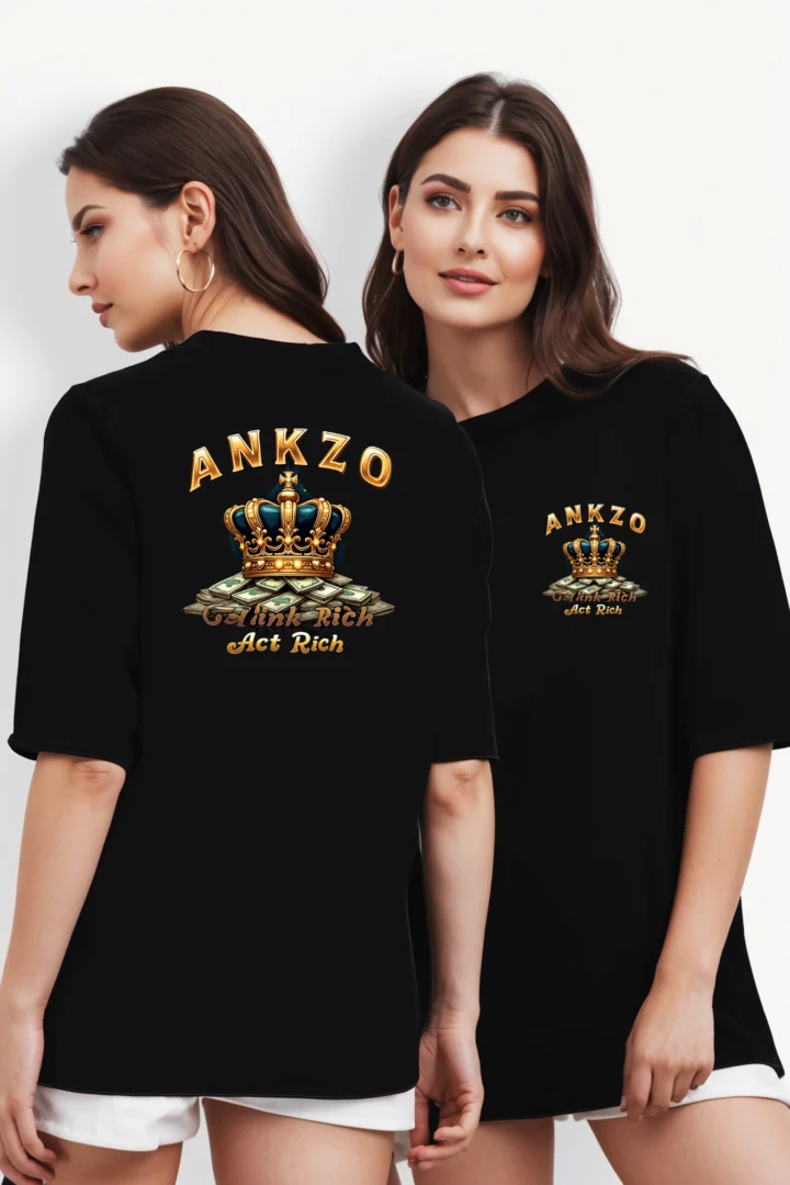 ANKZO™ PREMIUM OVERSIZED T-SHIRT – THINK RICH, ACT RICH EDITION 💰👑 DESCRIPTION: Success starts with a mindset, and the ANKZO™ Think Rich, Act Rich Edition oversized T-shirt embodies the wealth mentality. Featuring a royal blue crown sitting atop stacks of cash, this design represents ambition, financial success, and the power of belief. The front features a smaller emblem, reinforcing the luxury statement. Crafted for hustlers, go-getters, and those who live with a wealthy mindset. KEY FEATURES: ✔ 240 GSM PREMIUM COTTON – Ultra-soft, breathable, and durable ✔ 100% SUPER COMBED COTTON – Smooth texture and luxurious feel ✔ PRE-SHRUNK & BIO-WASHED – Ensures long-lasting quality and comfort ✔ LYCRA RIBBED NECKLINE – Maintains shape and stretch ✔ OVERSIZED UNISEX FIT – Relaxed and stylish for all genders ✔ DOUBLE-STITCHED SEAMS – Reinforced for extra durability EXCLUSIVE DESIGN: 💎 CROWN & CASH STACK ARTWORK – A powerful symbol of financial mastery and ambition 🔥 HIGH-END STREETWEAR LOOK – Designed for leaders, entrepreneurs, and wealth builders 💡 STATEMENT PIECE – Perfect for those who think big and live rich CARE INSTRUCTIONS: 🧼 WASHING: Machine wash cold, inside-out, gentle cycle 🚫 BLEACHING: Use non-chlorine bleach only when necessary ☀️ DRYING: Tumble dry low or hang dry in shade 🔥 IRONING: Cool iron inside-out, avoiding the design DESIGN HIGHLIGHTS: 👕 COLOR: Classic Black 💎 TAGLINE: "THINK RICH, ACT RICH" 🌟 BRAND: ANKZO™ – LUXURY STREETWEAR FOR THE AMBITIOUS 📌 MADE IN INDIA 🇮🇳 | 💰 LIMITED EDITION – ORDER NOW!
